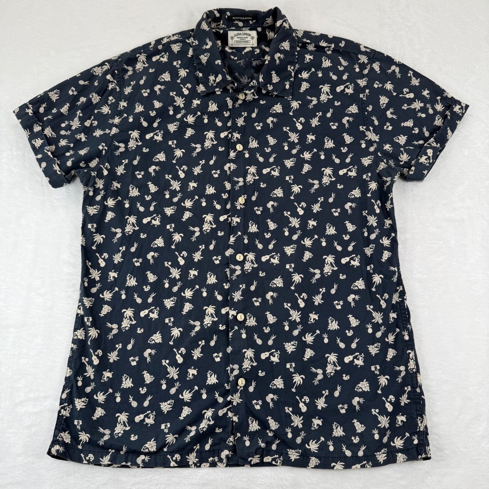 Scotch & Soda Aloha London Large Navy Blue Tropical Hawaiian Button Up Shirt